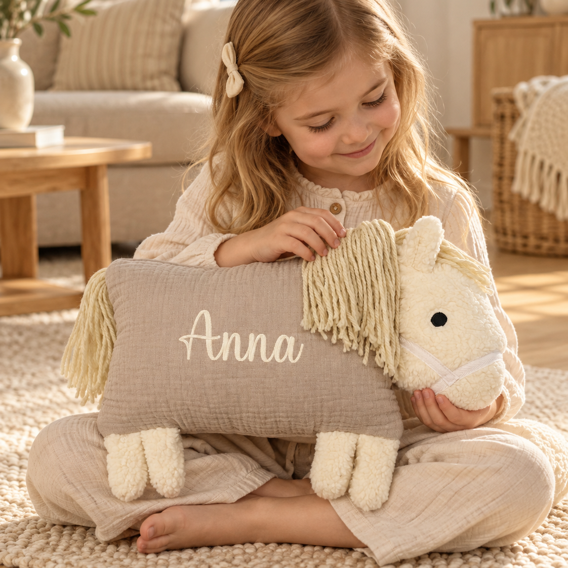 Anna mit ihrem Kuschelpferd im skandinavischen Wohnzimmer – Die Gräfin