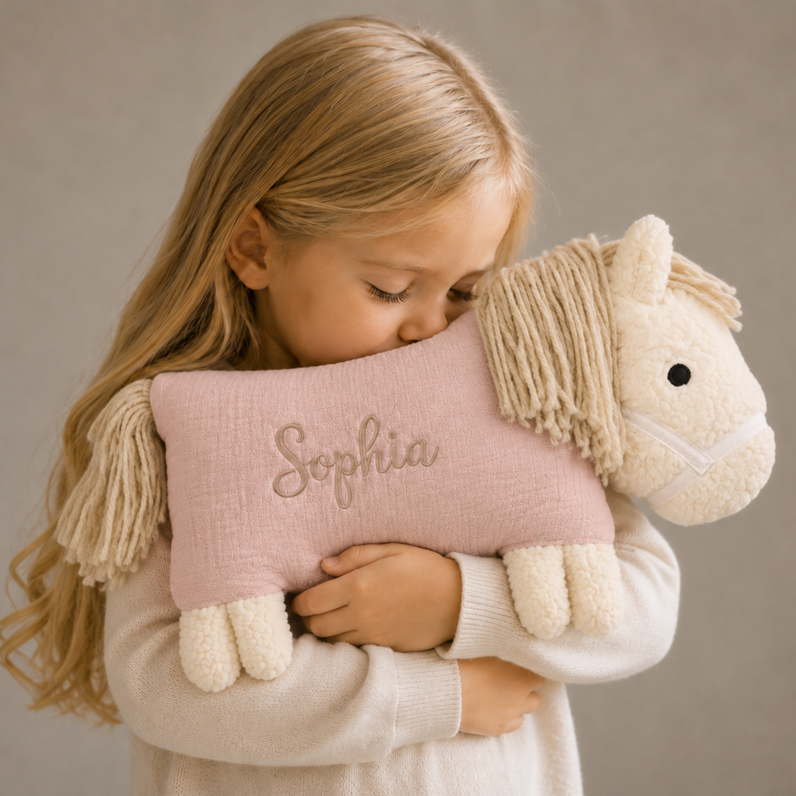 Sophia kuschelt mit ihrem rosa Kuschelpferd von Die Gräfin