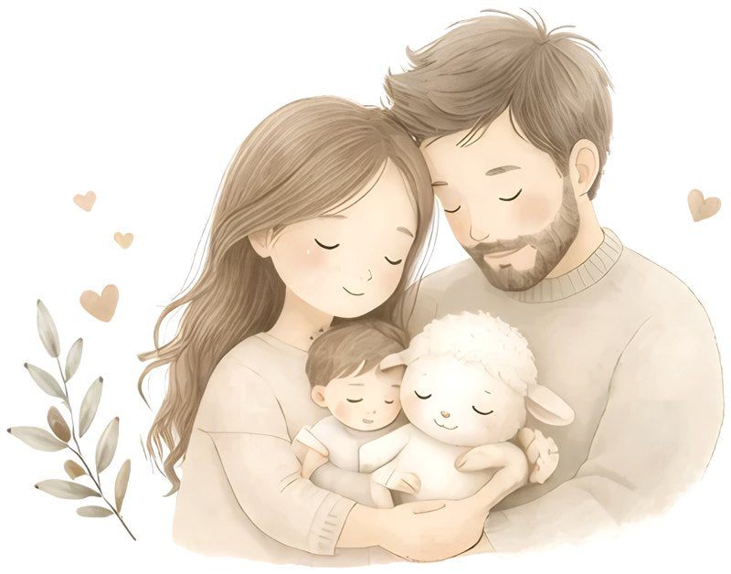 Illustration: Eltern halten ihr Baby mit dem Kuschelschaf im Arm