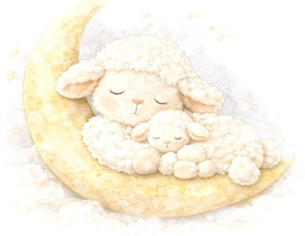 Illustration: zwei Schäfchen schlafen auf dem goldenen Mond