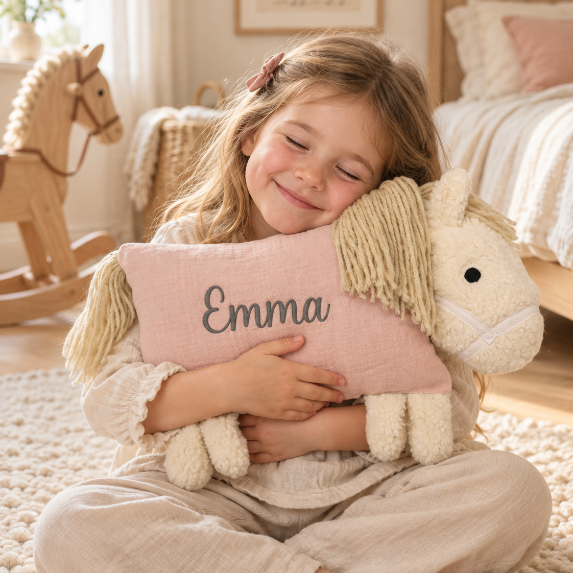 Emma kuschelt ihr Kuschelpferd aus Musselin von Die Gräfin