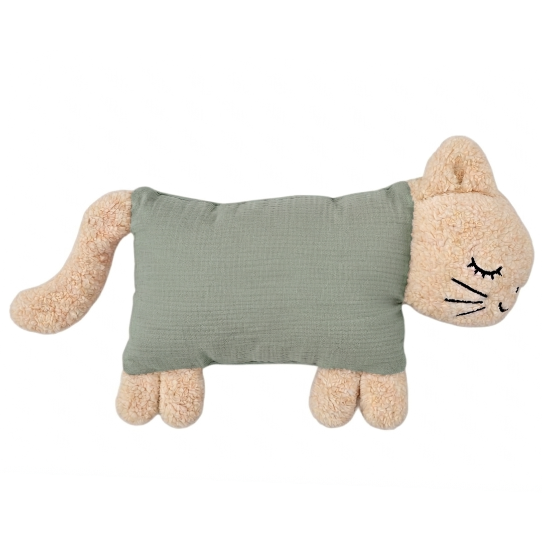 Kuschelkatze in Salbei – Musselin-Kuscheltier mit Merinowolle von Die Gräfin