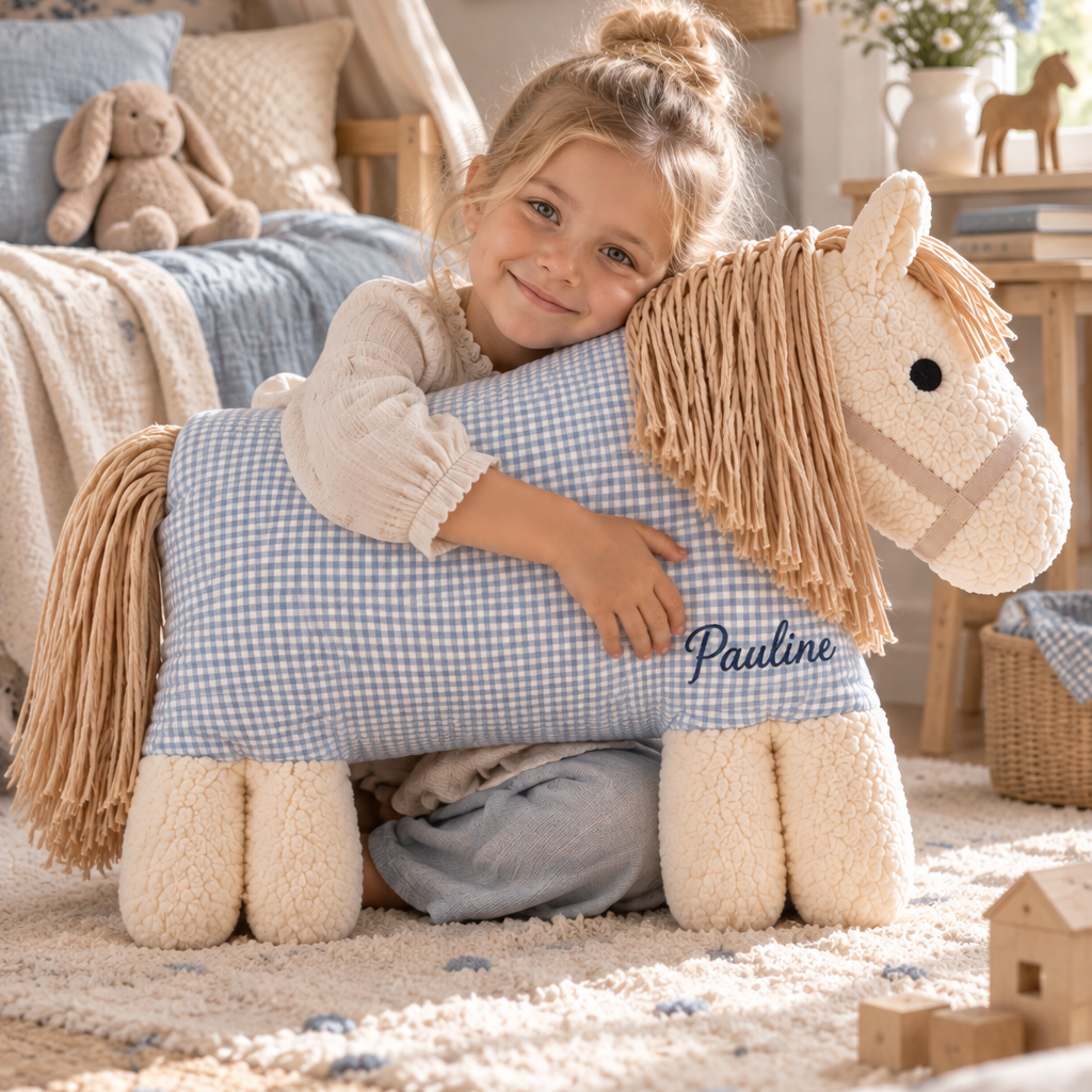 Kuschelpferd XXL Vichykaro Blau – extra groß zum Kuscheln und Liegen