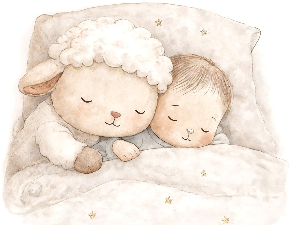 Illustration aus unserem Buch: Kind und Kuschelschaf schlafen aneinandergekuschelt